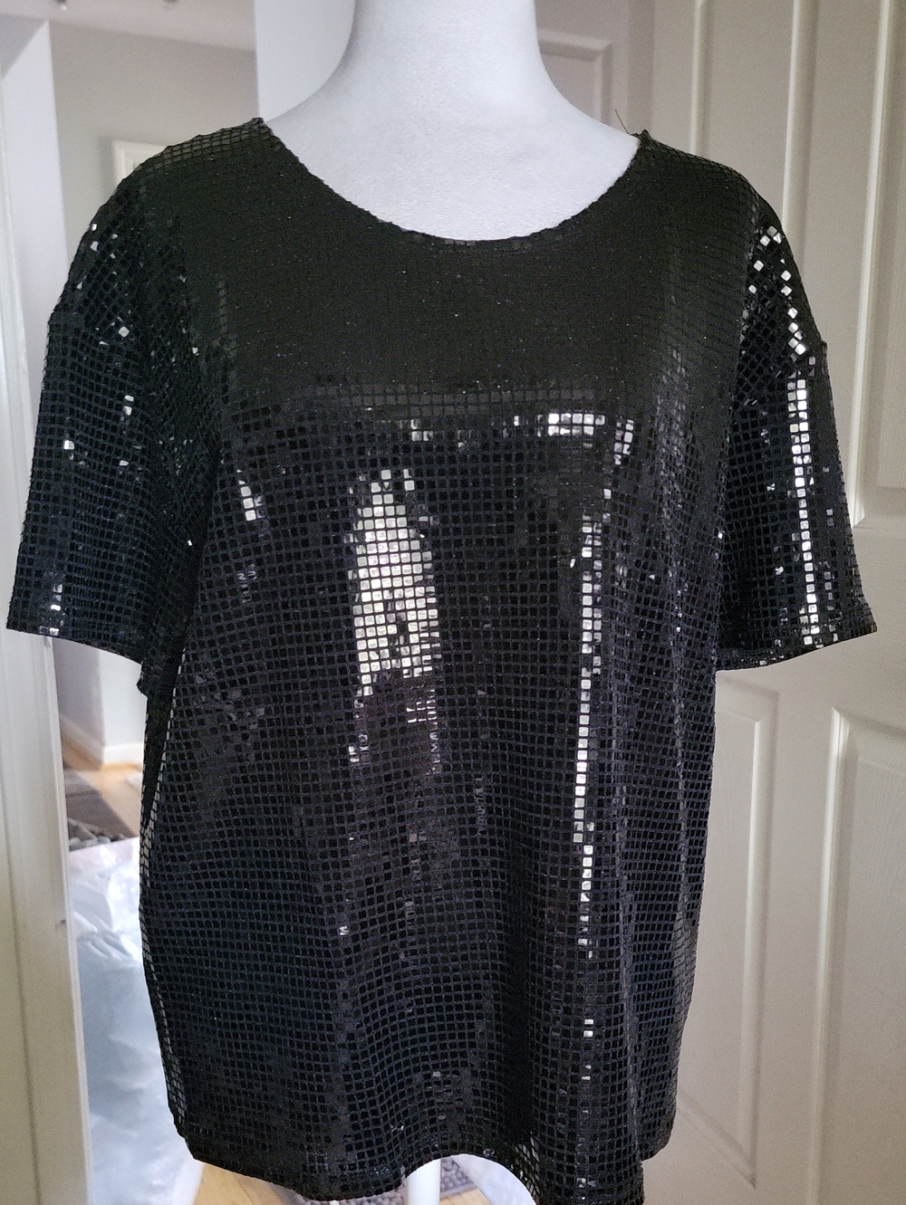 Black Sequin Mesh Short Sleeve Top